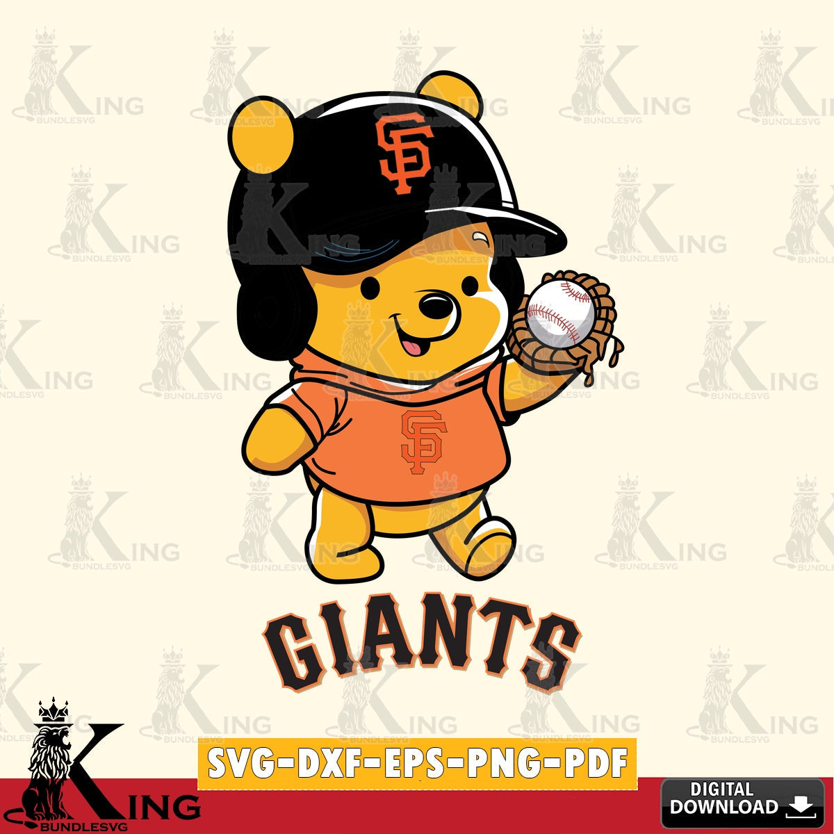 Eye-catching graphic of San Francisco Giants Pooh Bear Baseball, a digital download for Cricut Maker and paper crafts