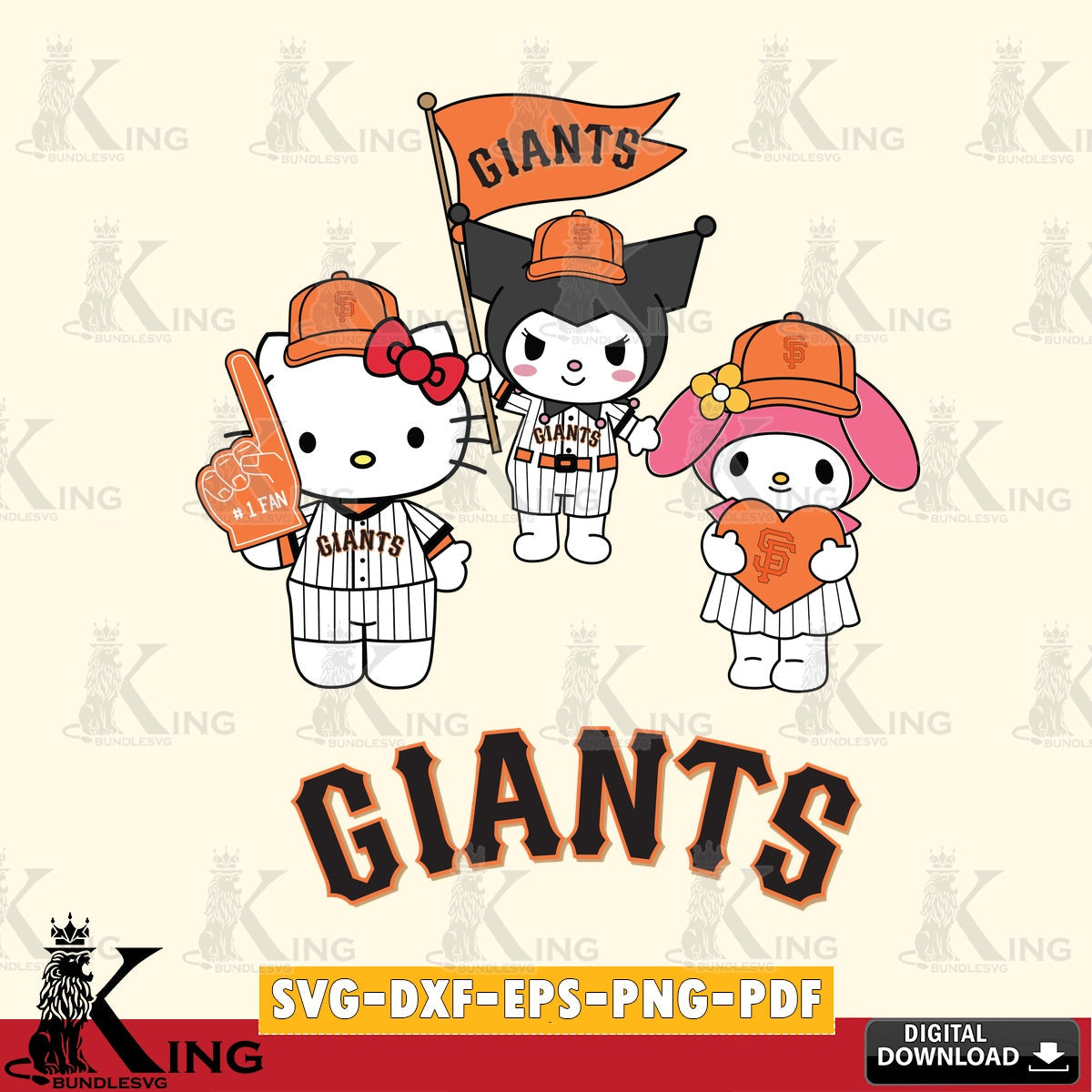 Hand-drawn style art of San Francisco Giants Sanrio Squad, a cute design, high-quality vector for DIY scrapbooking and home decor