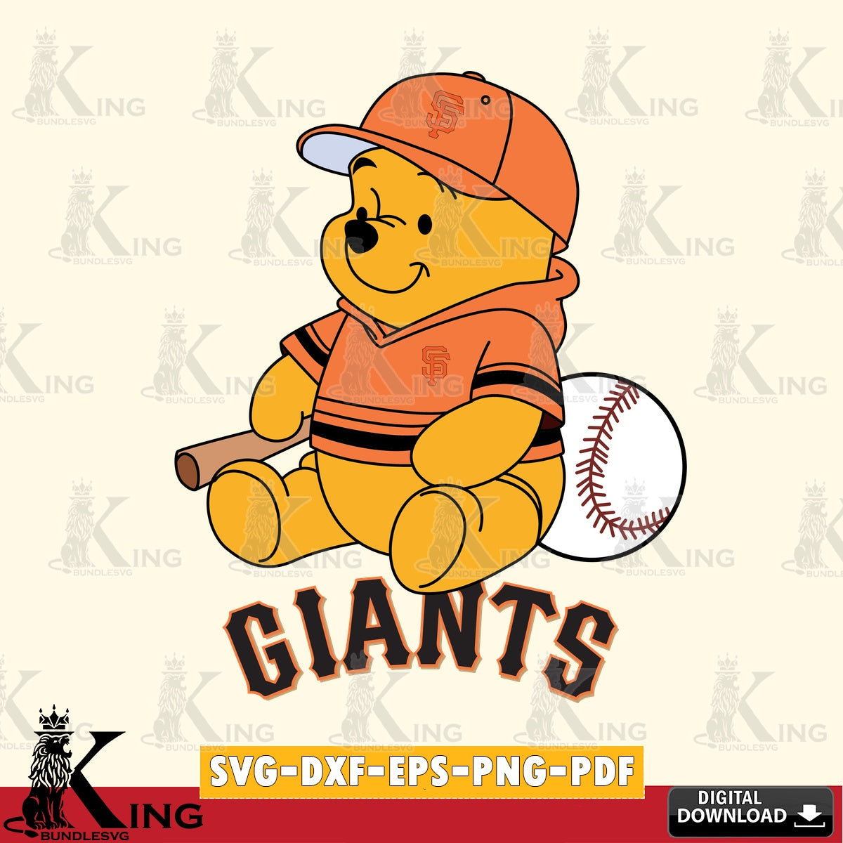Hand-drawn style art of San Francisco Giants Winnie the Pooh playing baseball, printable vector design for sublimation and crafts