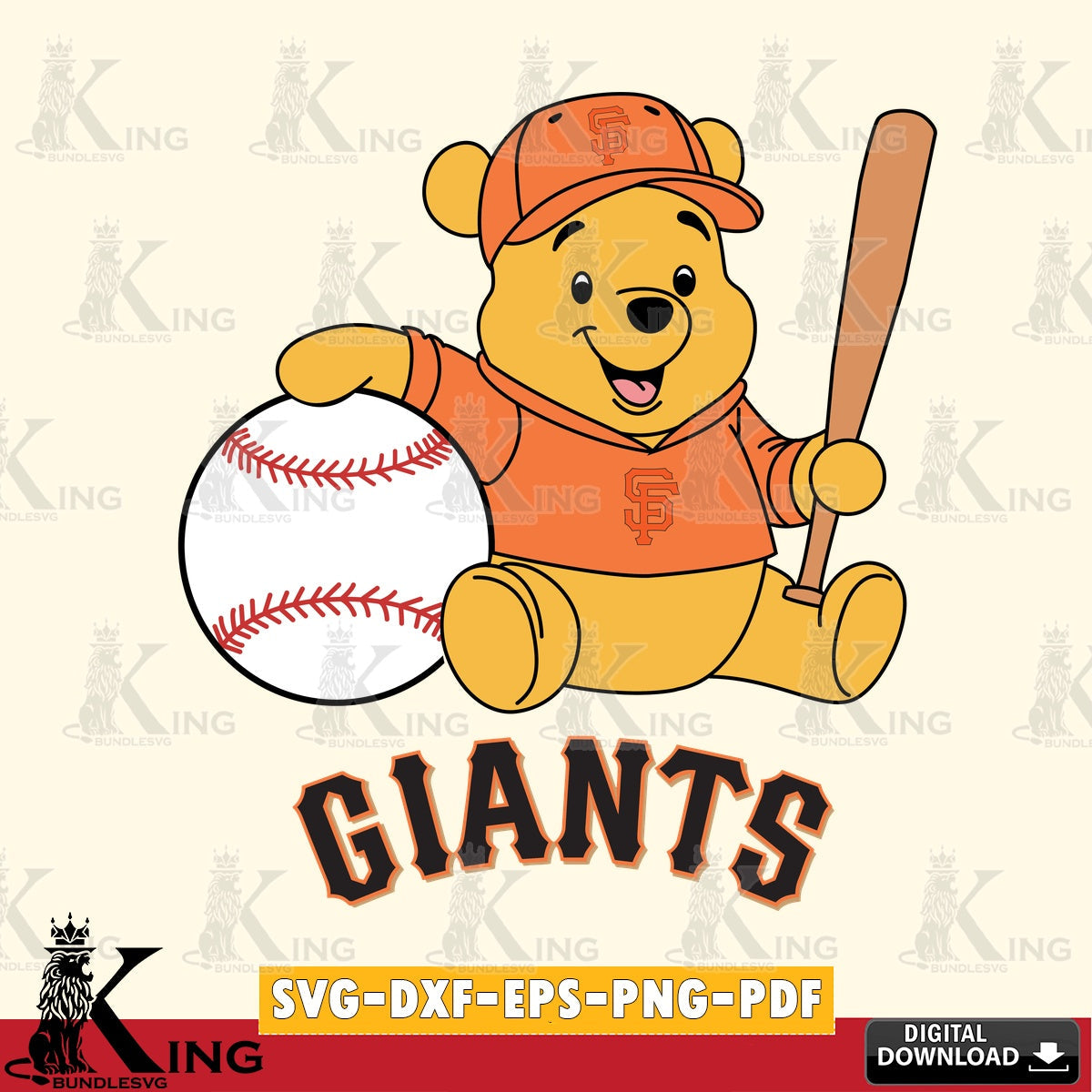 Artistic drawing of San Francisco Giants Winnie the Pooh baseball star player PNG clipart for sublimation printing and graphic