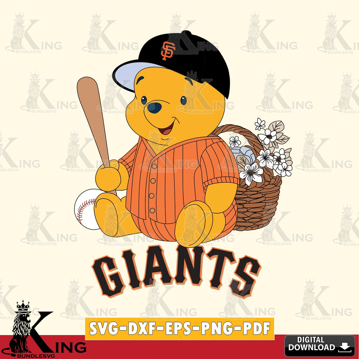 Unique artwork depicting San Francisco Giants Winnie the Pooh Flower Baseball, versatile clip art for stickers, decals, and mugs.