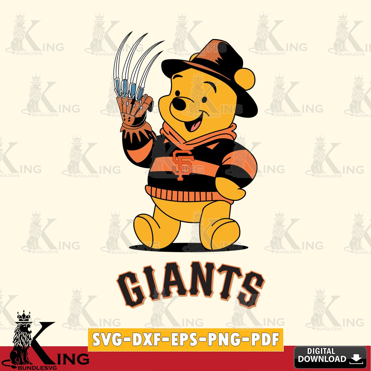 Creative design featuring San Francisco Giants Winnie the Pooh Freddy Krueger baseball vector art for engraving, cutting, and