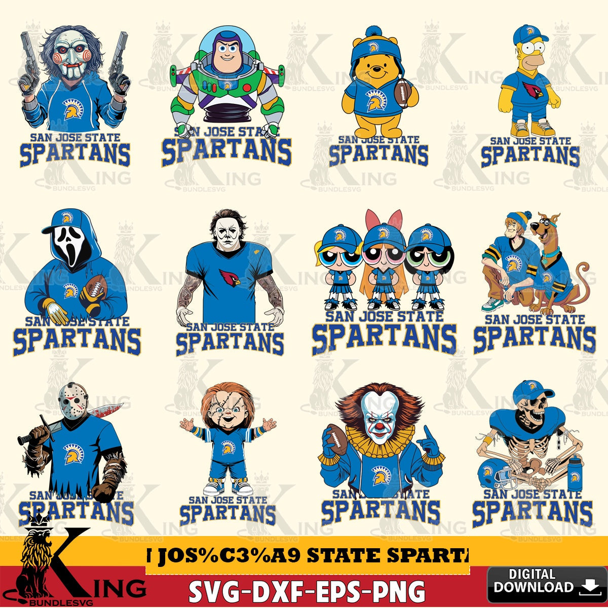 Mega bundle containing San José State Spartans Cartoon Football NCAA crafting file for iron-on transfer and vinyl decals