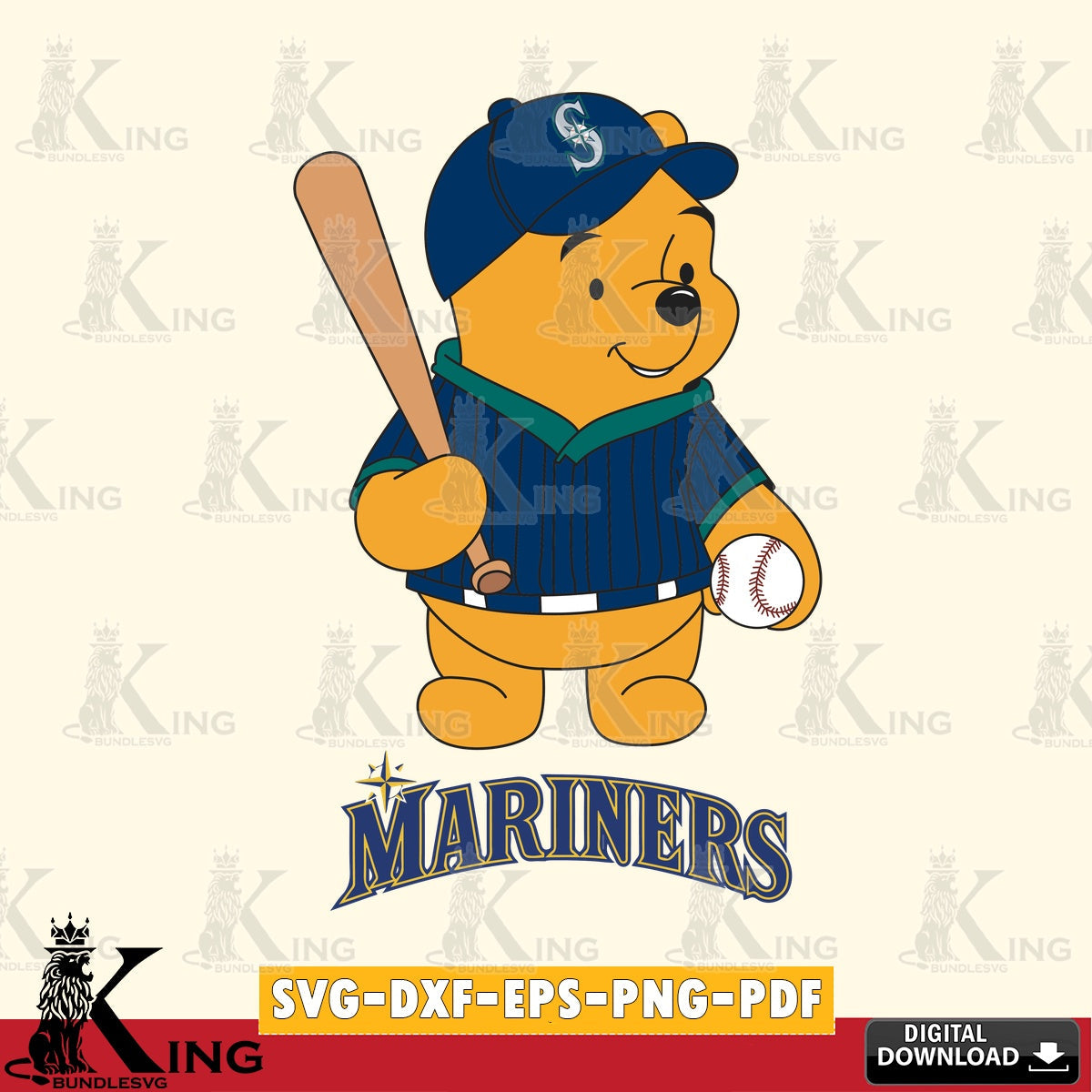 High-quality graphic of Seattle Mariners baseball batter Winnie the Pooh, crafting file for iron-on transfer and vinyl decals.