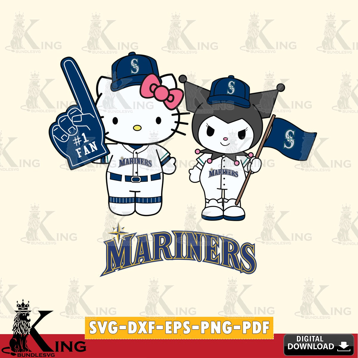 Exclusive set of Seattle Mariners Hello Kitty Kuromi Fan Baseball high-quality vector for DIY scrapbooking and home decor
