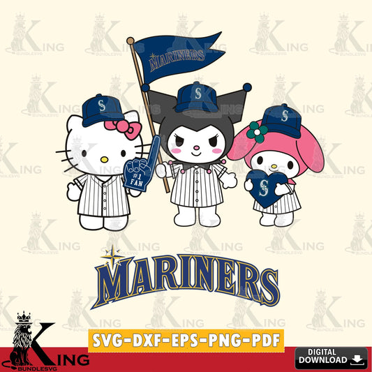 Vector design showing Seattle Mariners Kawaii friends Baseball, SVG PNG files perfect for Cricut and Silhouette cutting
