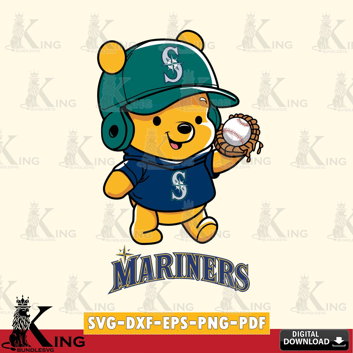 Stylish representation of Seattle Mariners Pooh Bear Baseball as a digital download for Cricut Maker and paper crafts