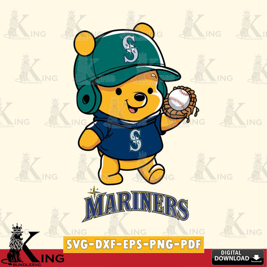 Stylish representation of Seattle Mariners Pooh Bear Baseball as a digital download for Cricut Maker and paper crafts