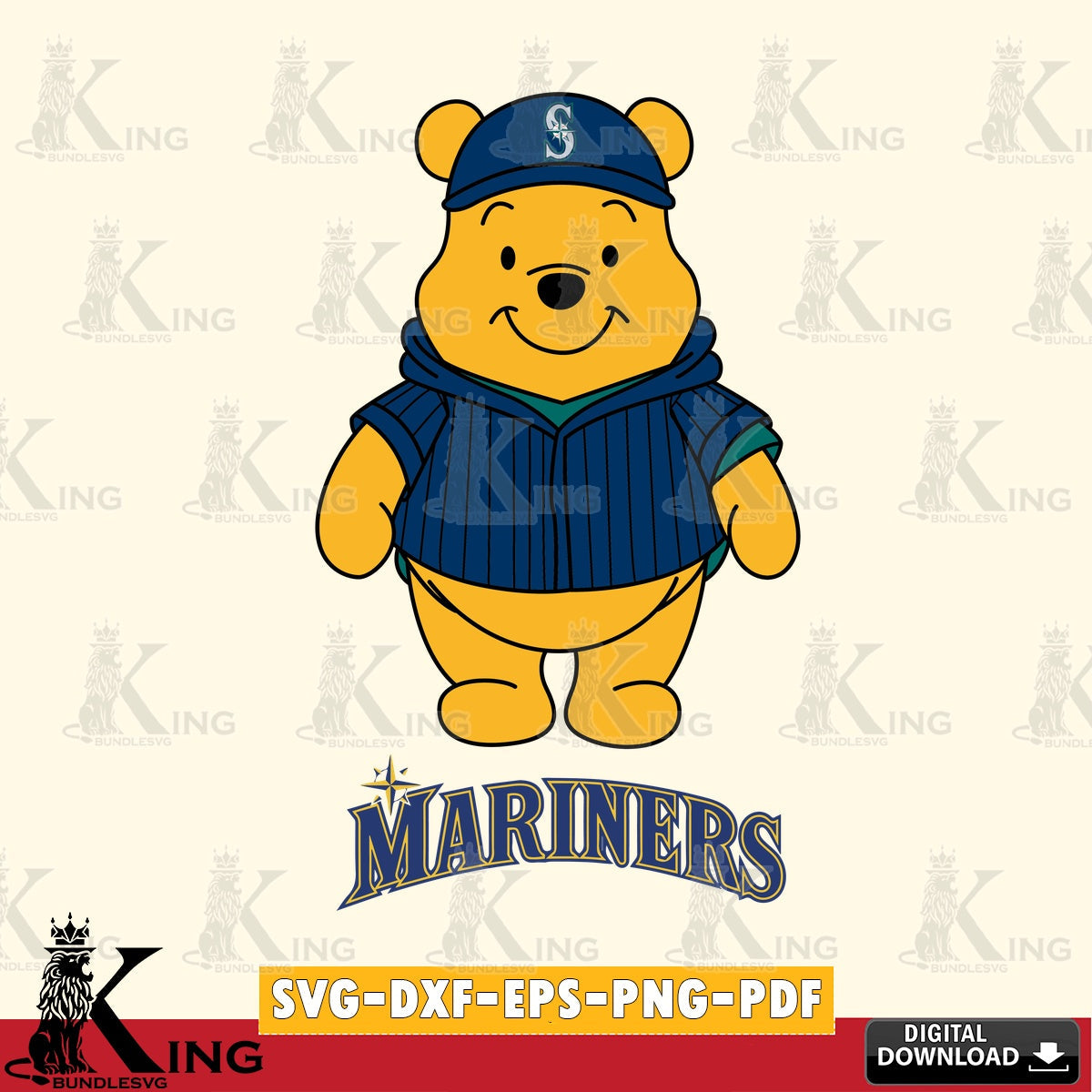 Eye-catching graphic of Seattle Mariners Pooh Bear baseball mascot SVG PNG files perfect for Cricut and Silhouette cutting