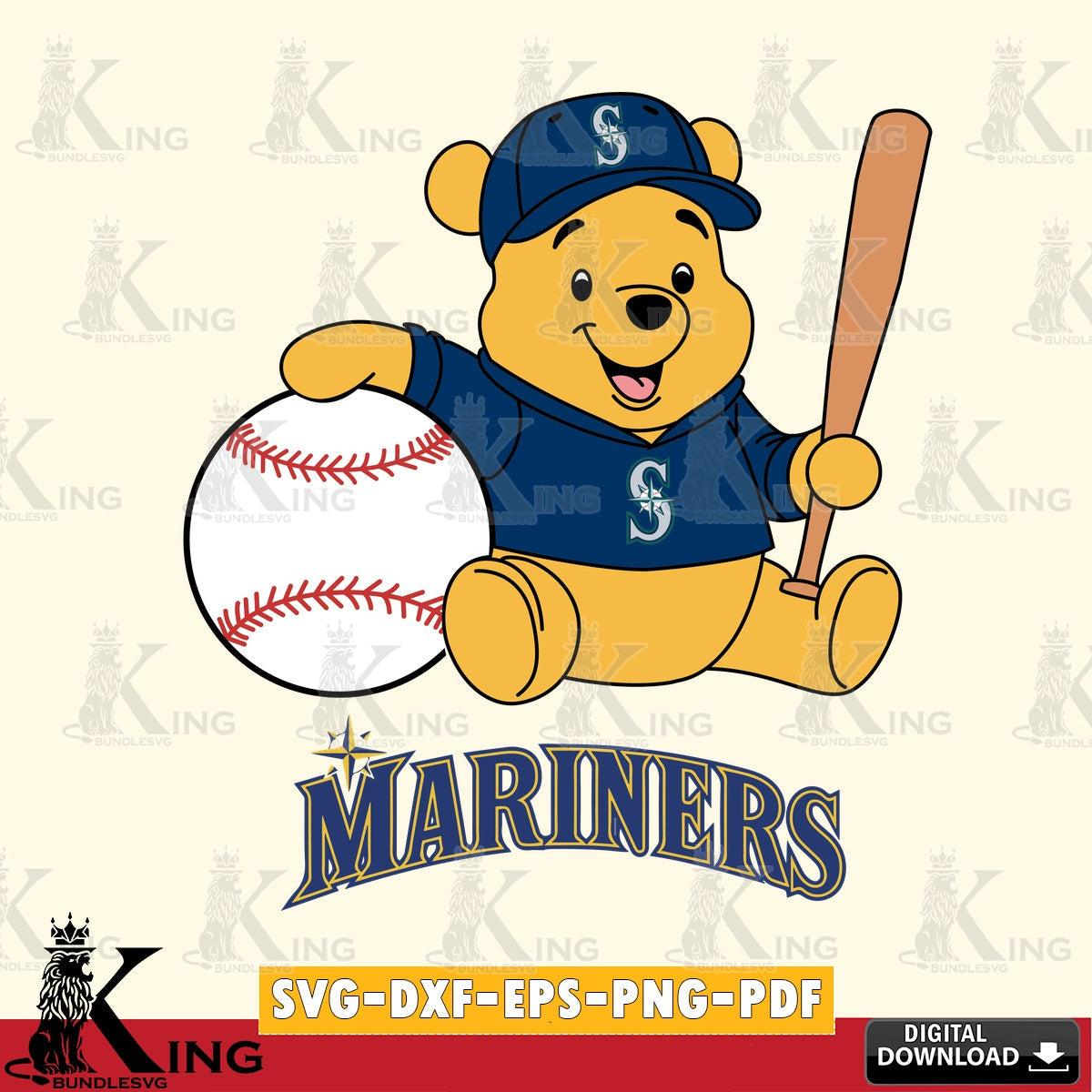 Printable art of Seattle Mariners Winnie the Pooh baseball star player printable vector design for sublimation and crafts