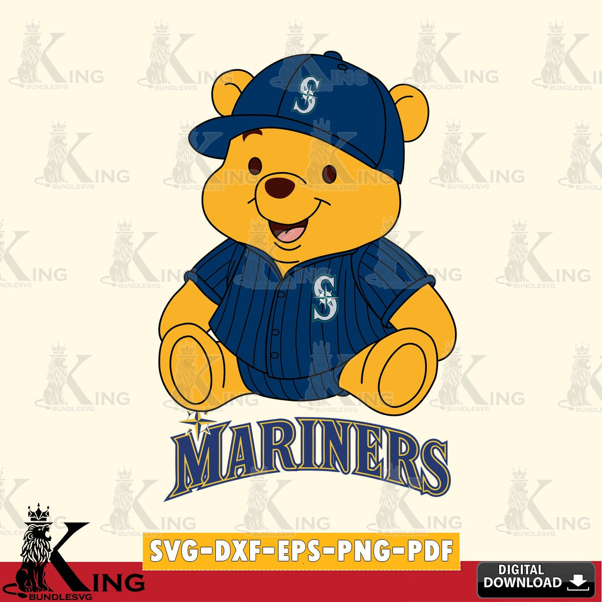 Detailed illustration of Seattle Mariners Winnie the Pooh cute baseball, high-quality vector for DIY scrapbooking and home decor