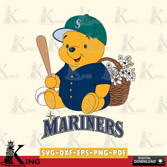 Detailed illustration of Seattle Mariners Winnie the Pooh with flower baseball, printable vector design for sublimation and crafts