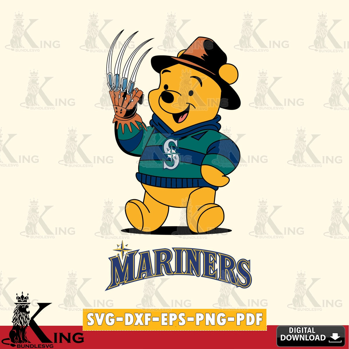 Hand-drawn style art of Seattle Mariners Winnie the Pooh Freddy Krueger Baseball SVG design suitable for Glowforge and laser