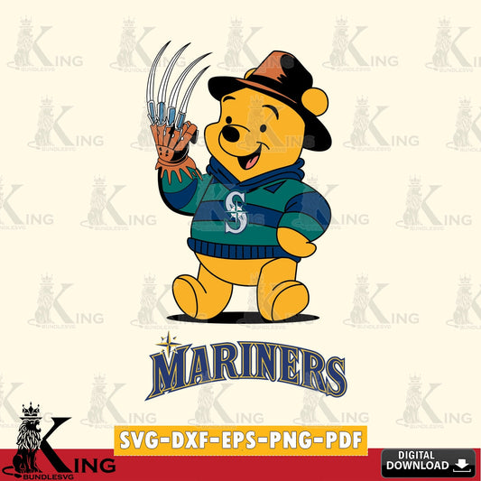 Hand-drawn style art of Seattle Mariners Winnie the Pooh Freddy Krueger Baseball SVG design suitable for Glowforge and laser