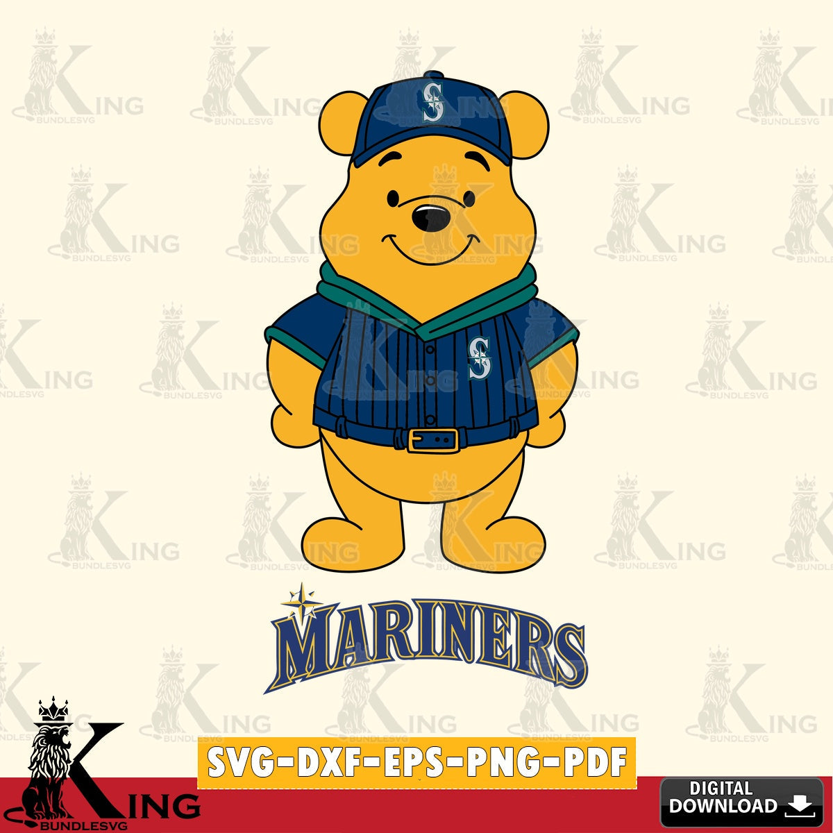 Stylish representation of Seattle Mariners Winnie the Pooh Game Day digital clipart compatible with laser engraving and cutting