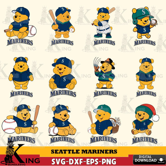 Giant set featuring Seattle Mariners Winnie the Pooh MLB baseball bundle SVG cut file for personalized gifts and laser projects