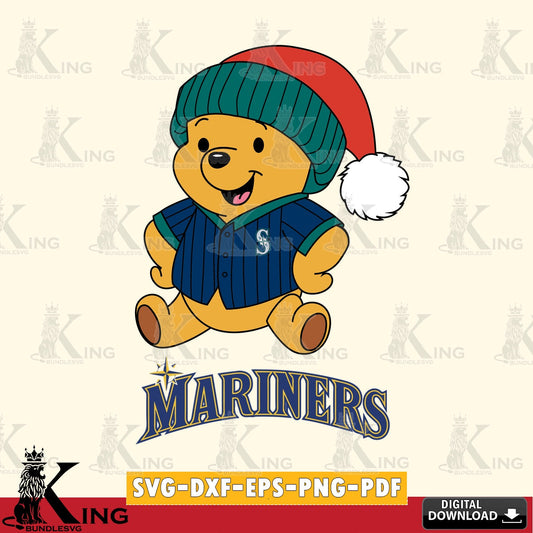 Detailed illustration of Seattle Mariners Winnie the Pooh playing ball, versatile clip art for stickers, decals, and mugs.