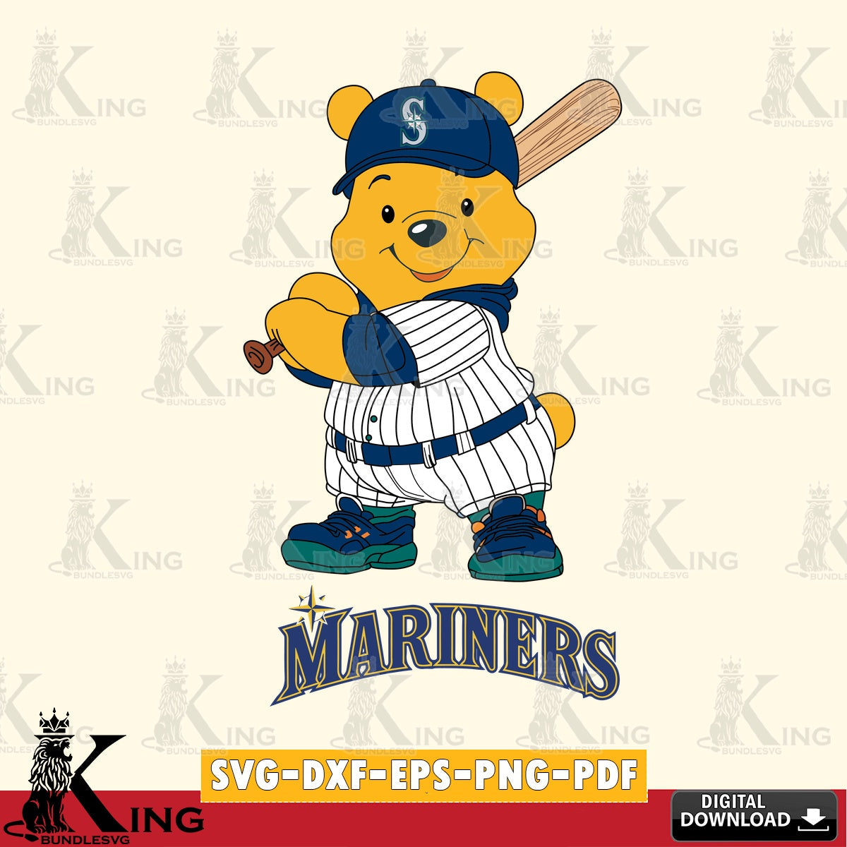 Stylish representation of Seattle Mariners Winnie the Pooh player baseball, vector illustration for POD merchandise and apparel