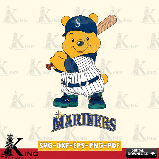 Stylish representation of Seattle Mariners Winnie the Pooh player baseball, vector illustration for POD merchandise and apparel