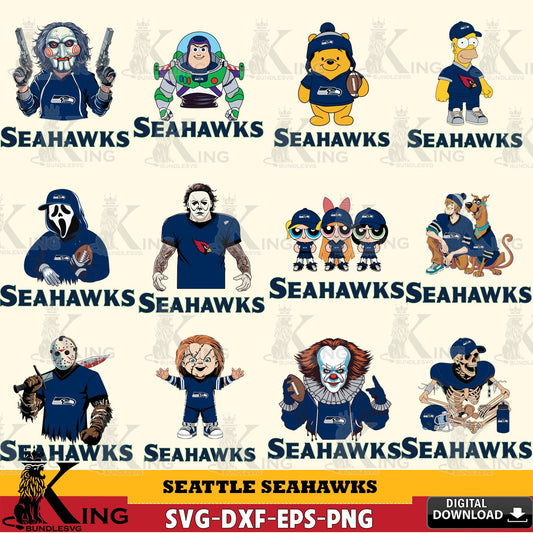 Ultimate set containing a Seattle Seahawks cartoon football NFL bundle vector illustration for POD merchandise and apparel