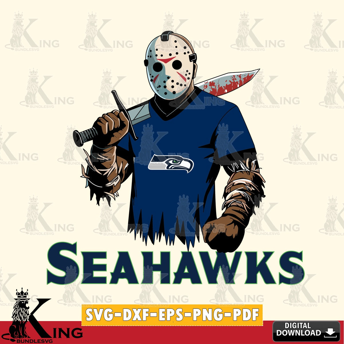 Modern graphic depicting Seattle Seahawks Jason Voorhees Football, a digital download for Cricut Maker and paper crafts