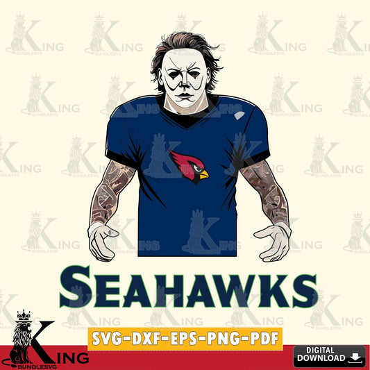 Beautiful illustration of a Seattle Seahawks Michael Myers Tattoo Football NFL cut file, SVG PNG files perfect for Cricut and