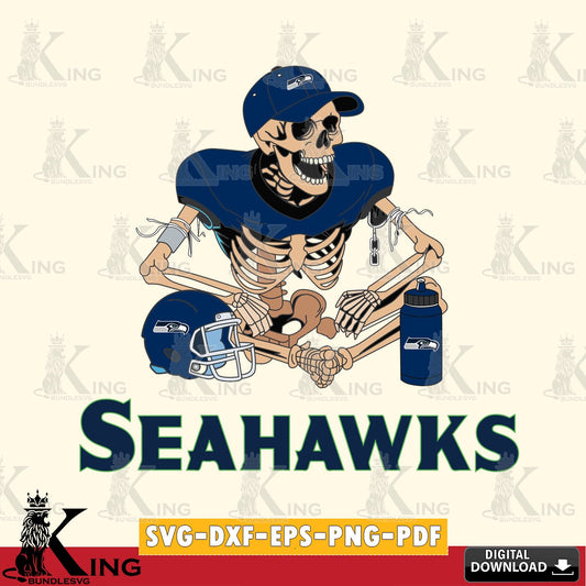 Modern graphic depicting a Seattle Seahawks skeleton player playing football, cut file ideal for vinyl projects and T-shirt