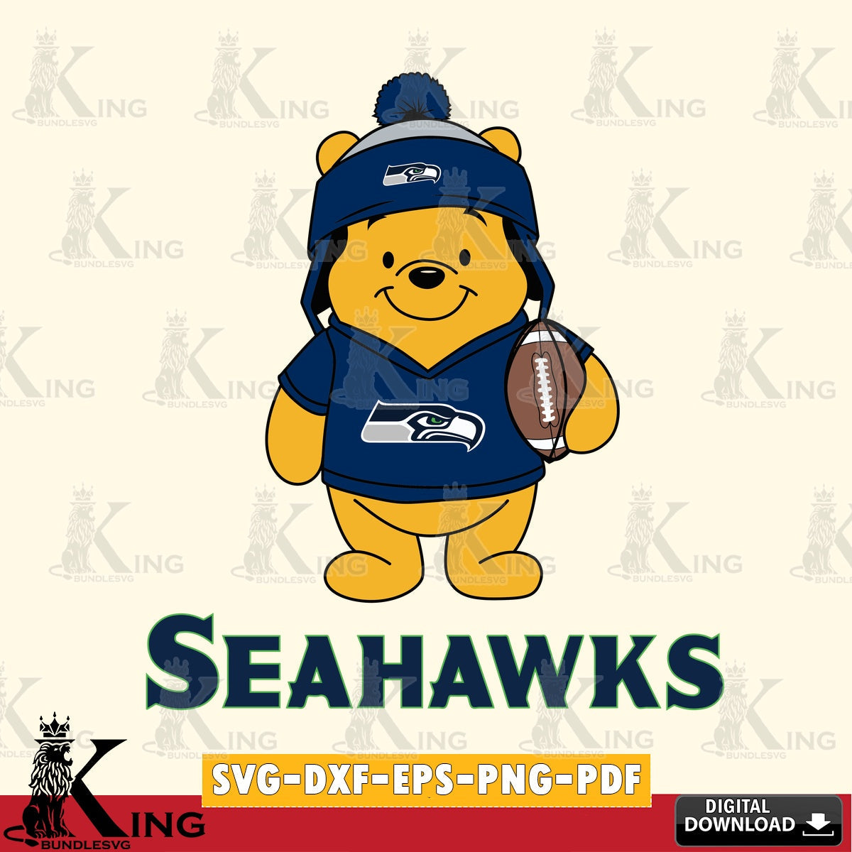 Digital download featuring Seattle Seahawks Winnie the Pooh football player, high-quality vector for DIY scrapbooking and home