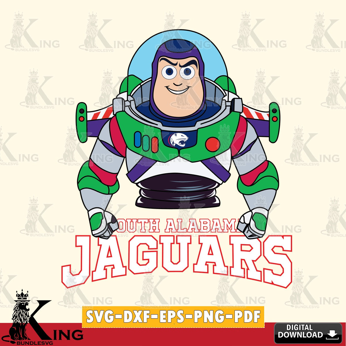 Stylish representation of South Alabama Jaguars Buzz Lightyear football, NCAA file cut, versatile clip art for stickers, decals,