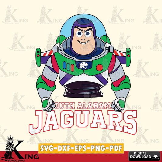 Stylish representation of South Alabama Jaguars Buzz Lightyear football, NCAA file cut, versatile clip art for stickers, decals,