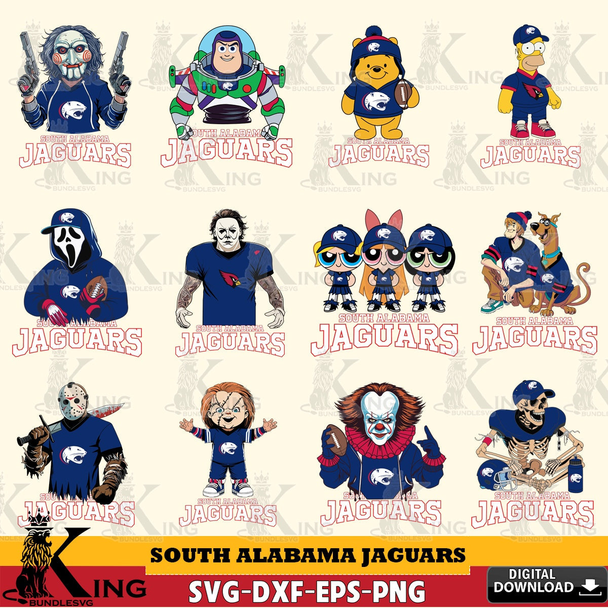 Exclusive set of South Alabama Jaguars cartoon football NCAA bundle digital clipart compatible with laser engraving and cutting