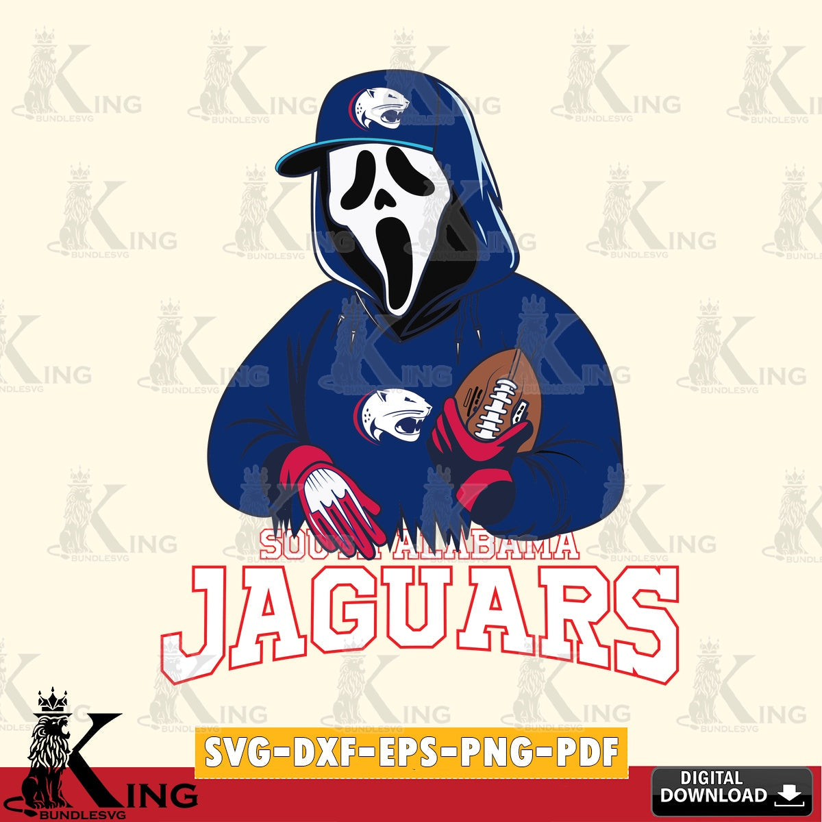 Vector design showing South Alabama Jaguars Ghostface Scream football player, a digital file for silhouette cameo and cricut