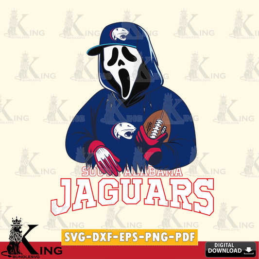 Vector design showing South Alabama Jaguars Ghostface Scream football player, a digital file for silhouette cameo and cricut