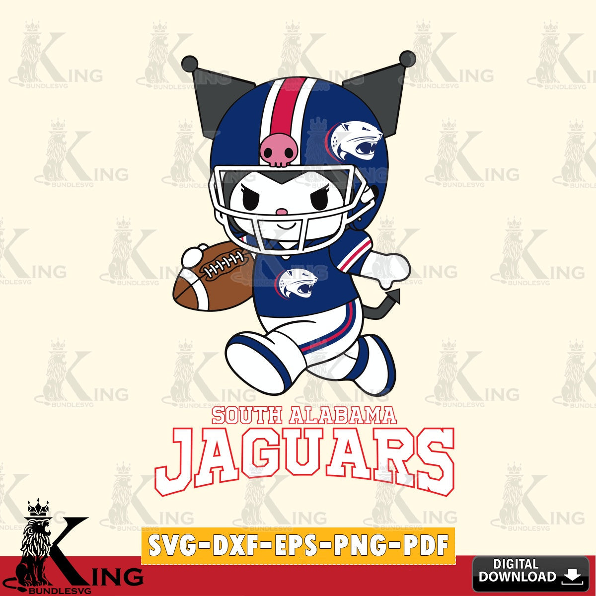 South Alabama Jaguars Kuromi Football Run SVG file, Cricut, Cut file  , Digital Download , Instant Download, Sanrio svg, Clipart