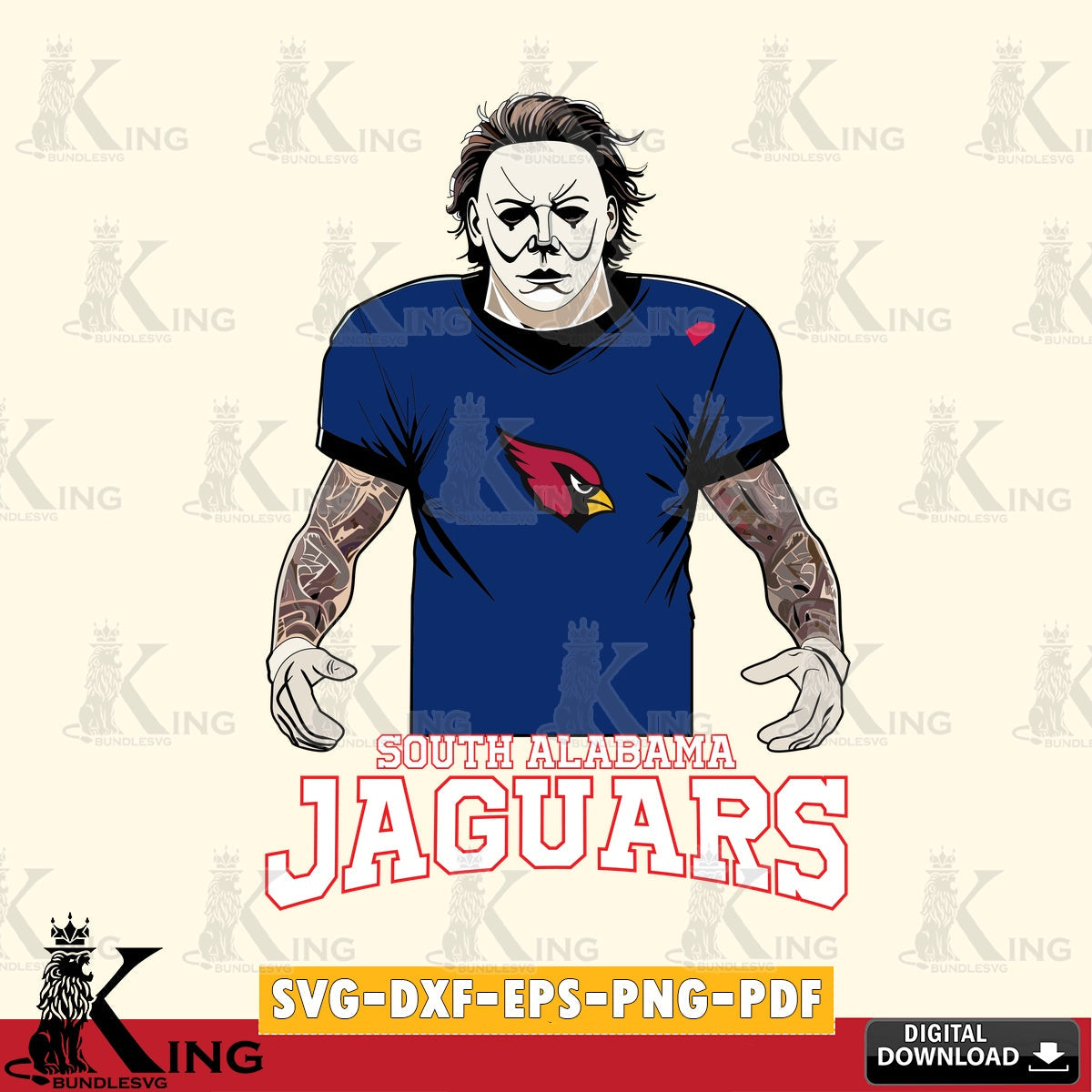 Modern graphic depicting a South Alabama Jaguars Michael Myers tattoo football, a digital clipart compatible with laser engraving