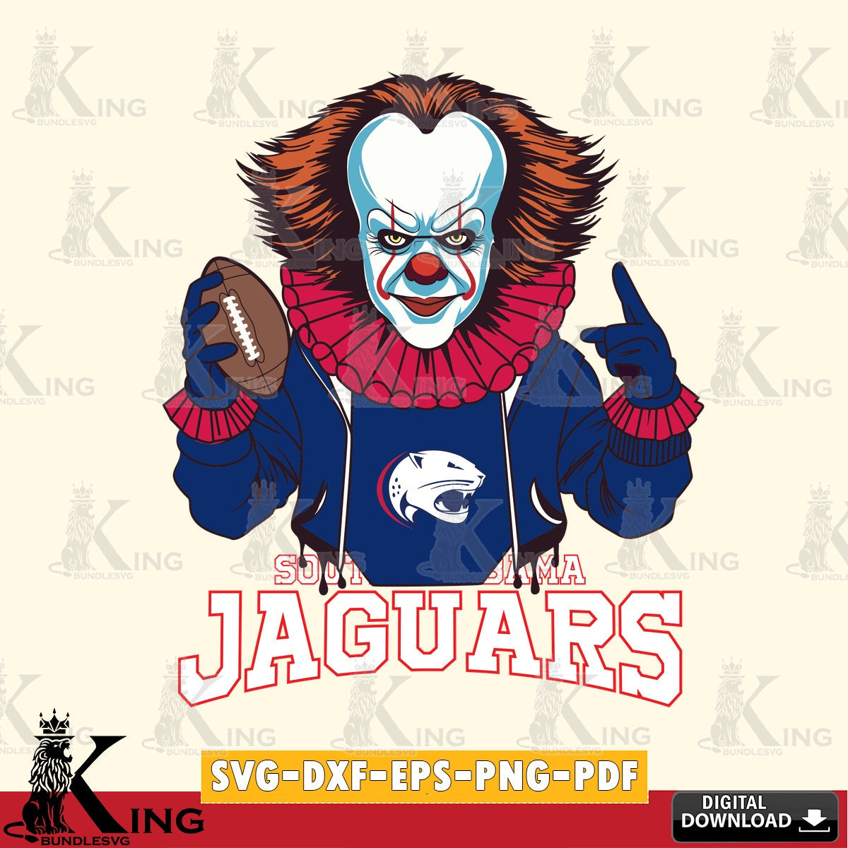 Beautiful illustration of South Alabama Jaguars Pennywise football player, vector illustration for POD merchandise and apparel