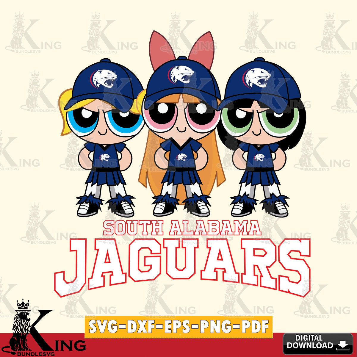 Beautiful illustration of South Alabama Jaguars PowerPuff Girls Football, cut file ideal for vinyl projects and T-shirt printing