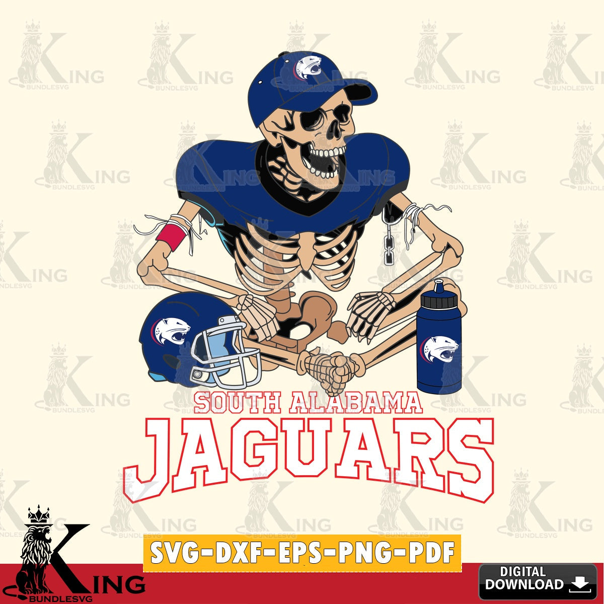 Vector design showing a South Alabama Jaguars Skeleton Player Football, printable vector design for sublimation and crafts