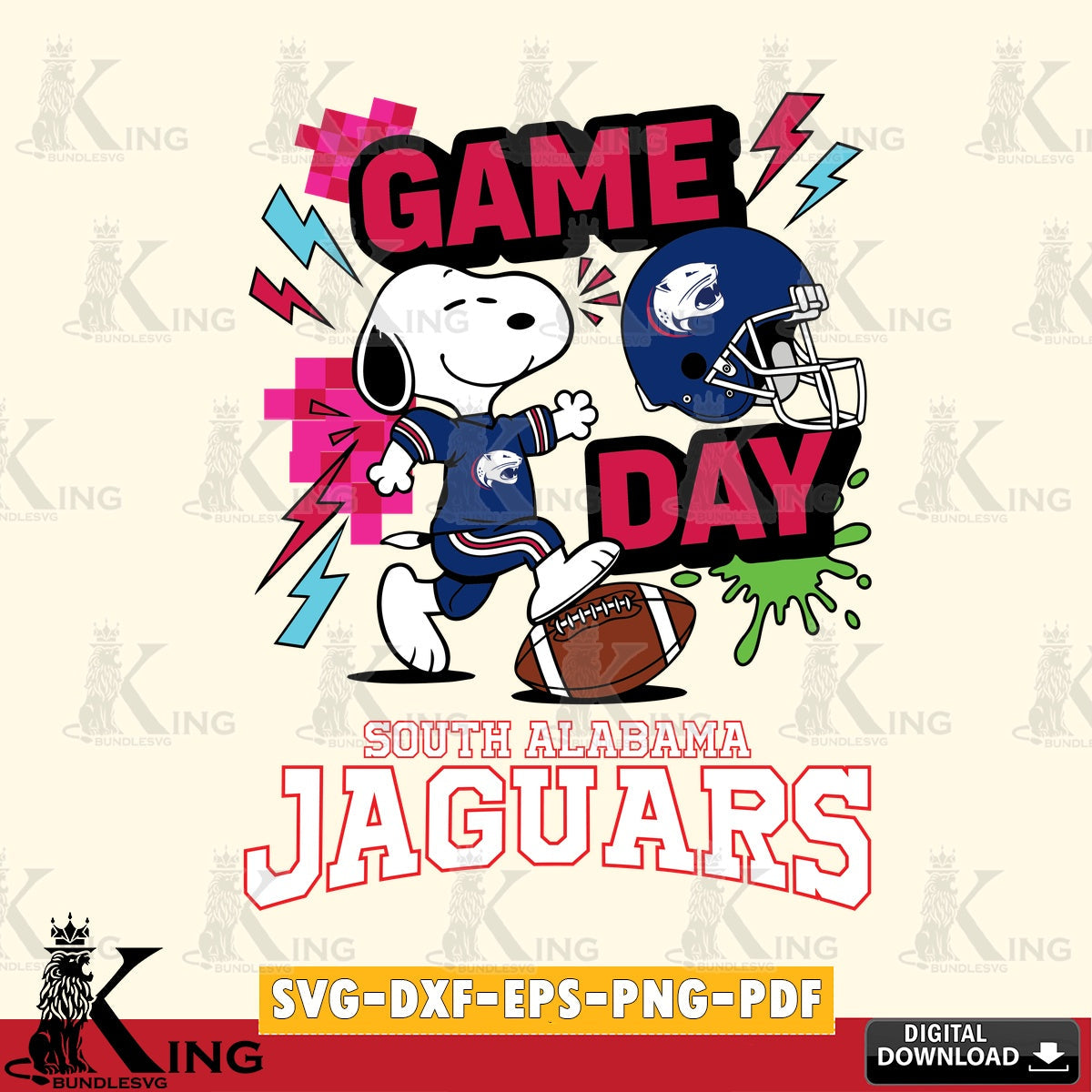 South Alabama Jaguars Snoopy Game day SVG, Cricut, Cut file  , Digital Download , Instant Download, Peanuts svg, NCAA svg, Football svg, Sport svg