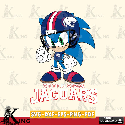 Vector design showing South Alabama Jaguars Sonic Football Mascot vector illustration for POD merchandise and apparel