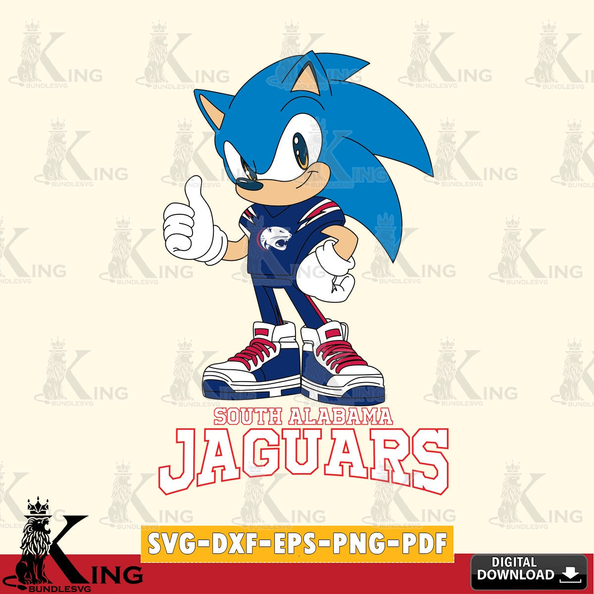Artistic drawing of South Alabama Jaguars Sonic Like Football SVG cut file for personalized gifts and laser projects
