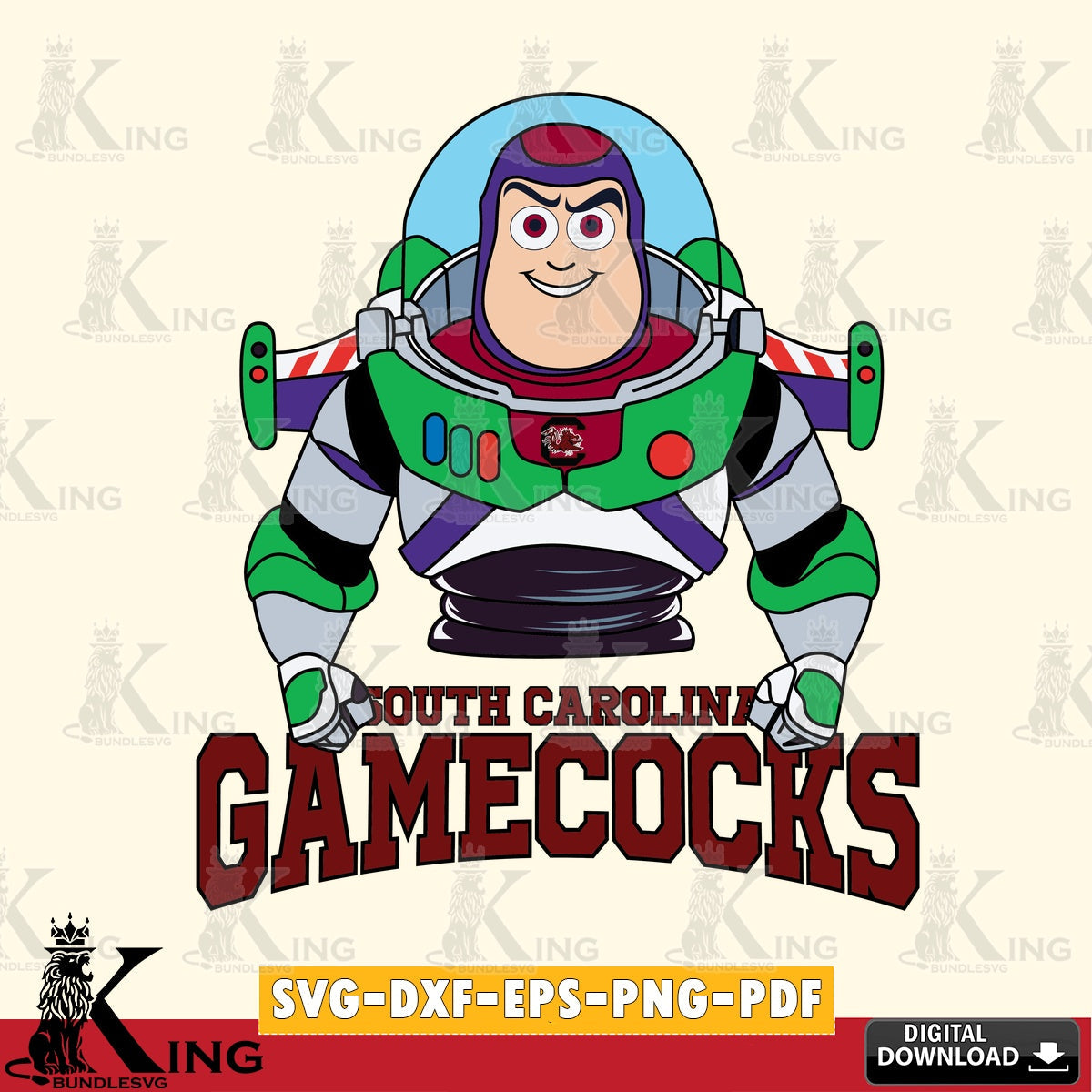 Detailed illustration of South Carolina Gamecocks Buzz Lightyear football, digital clipart compatible with laser engraving and