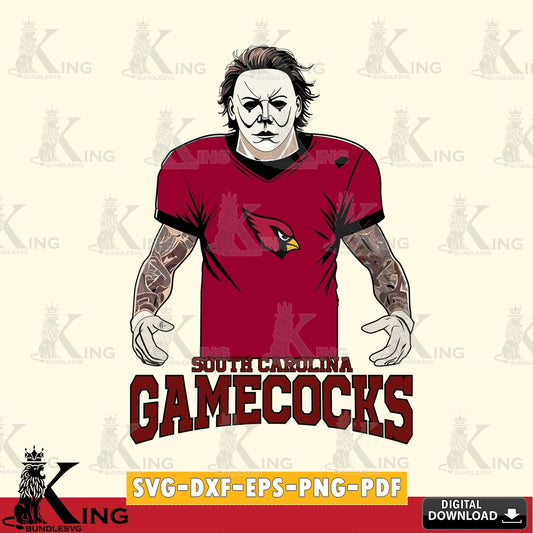 Eye-catching graphic of a South Carolina Gamecocks Michael Myers tattoo football, vector illustration for POD merchandise and