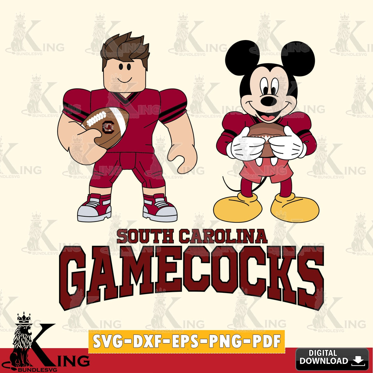 High-quality graphic of South Carolina Gamecocks Roblox & Mickey Football, NCAA Cricut, vector illustration for POD merchandise