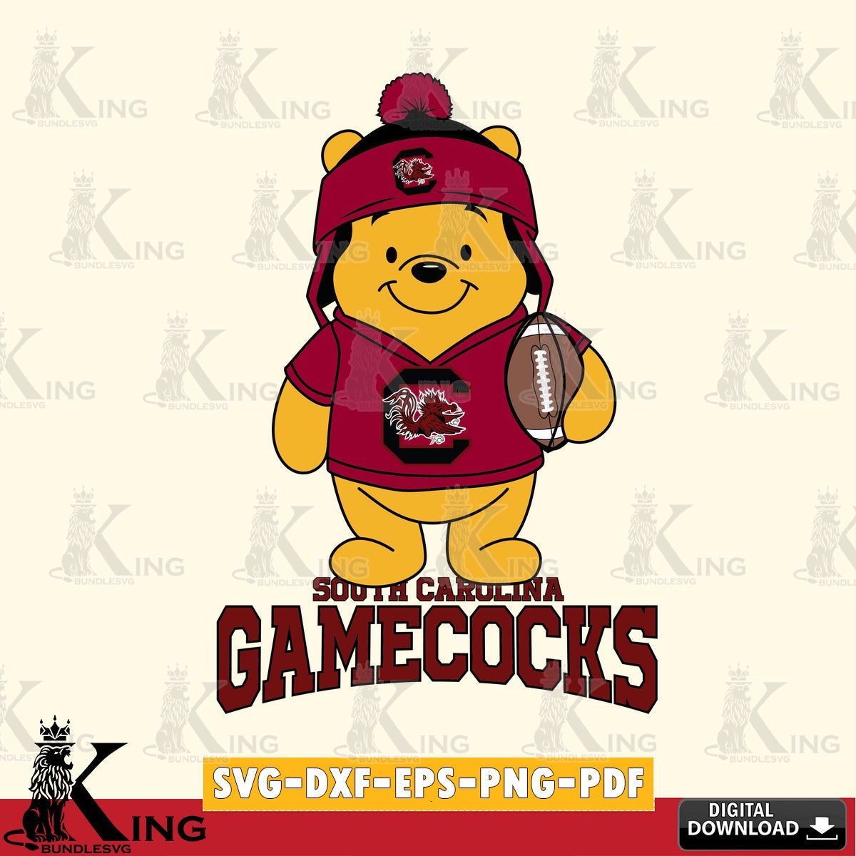 High-quality graphic of South Carolina Gamecocks Winnie the Pooh player in a football scene, a digital download for Cricut Maker