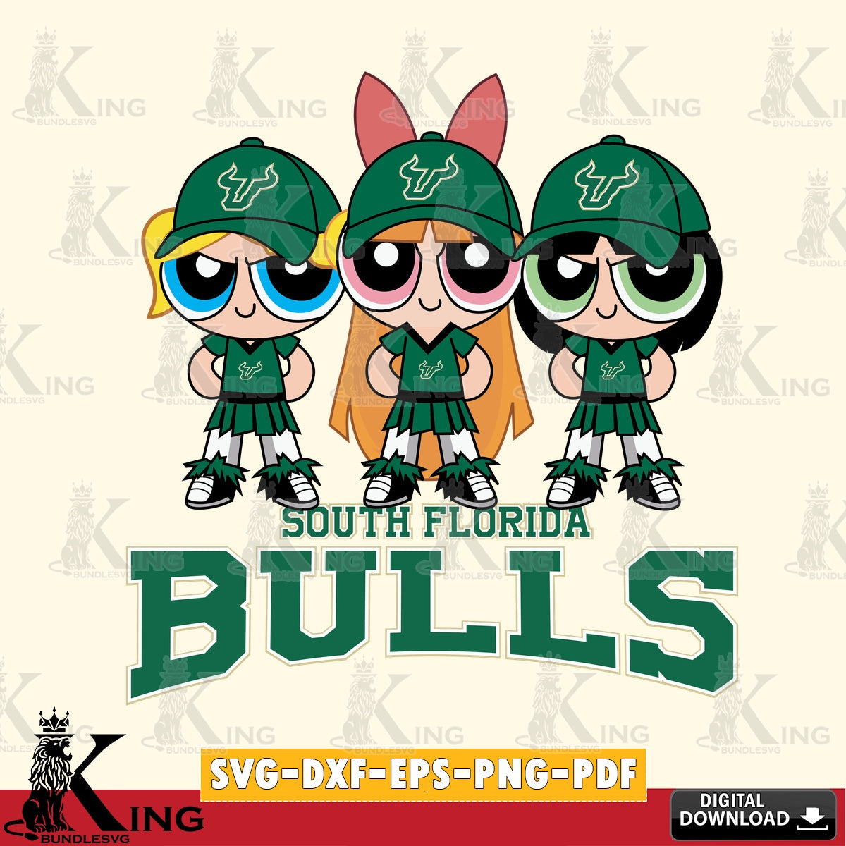Vector design showing South Florida Bulls PowerPuff Girls football, digital download for Cricut Maker and paper crafts