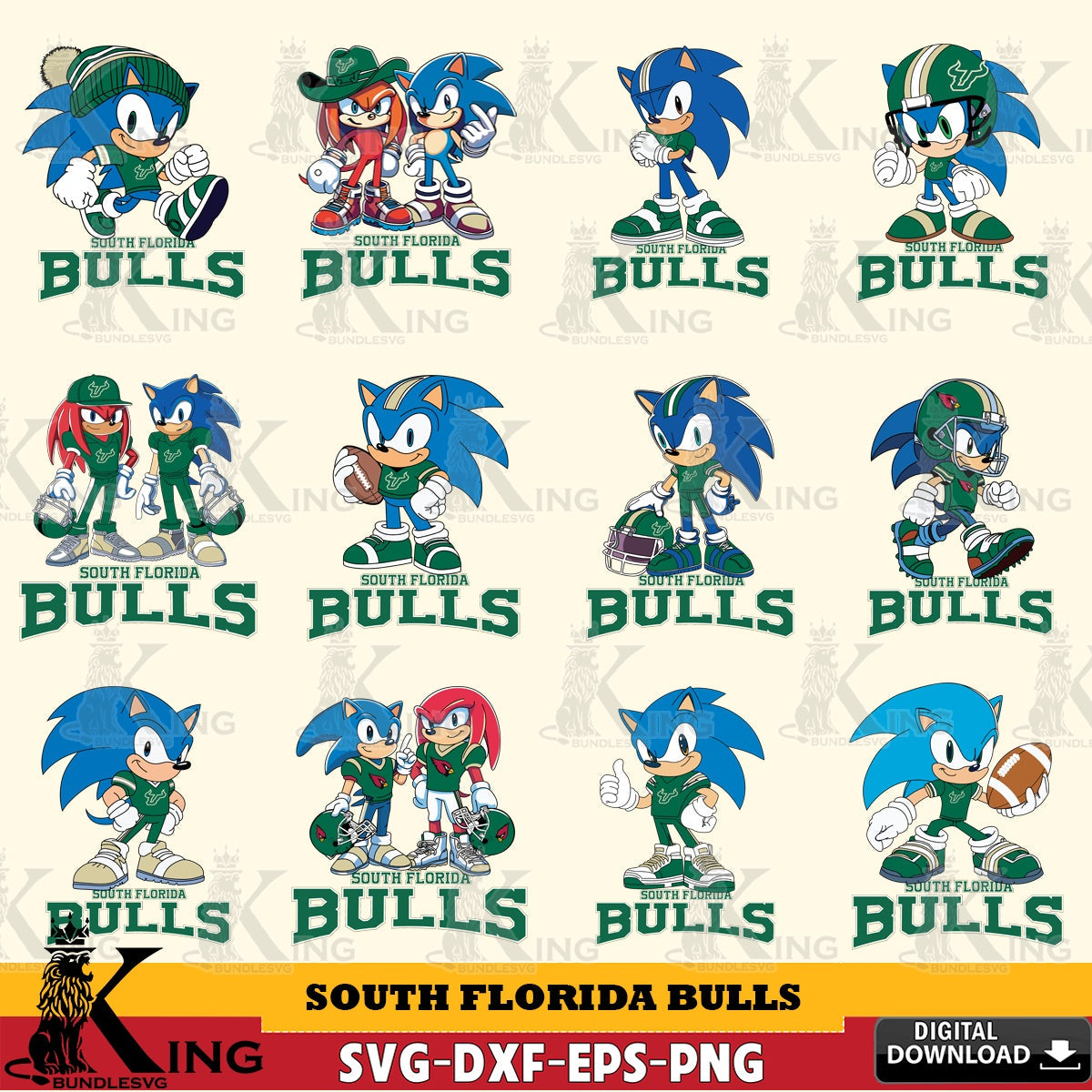 Giant set featuring South Florida Bulls Sonic & Knuckles NCAA Football Bundle printable vector design for sublimation and crafts