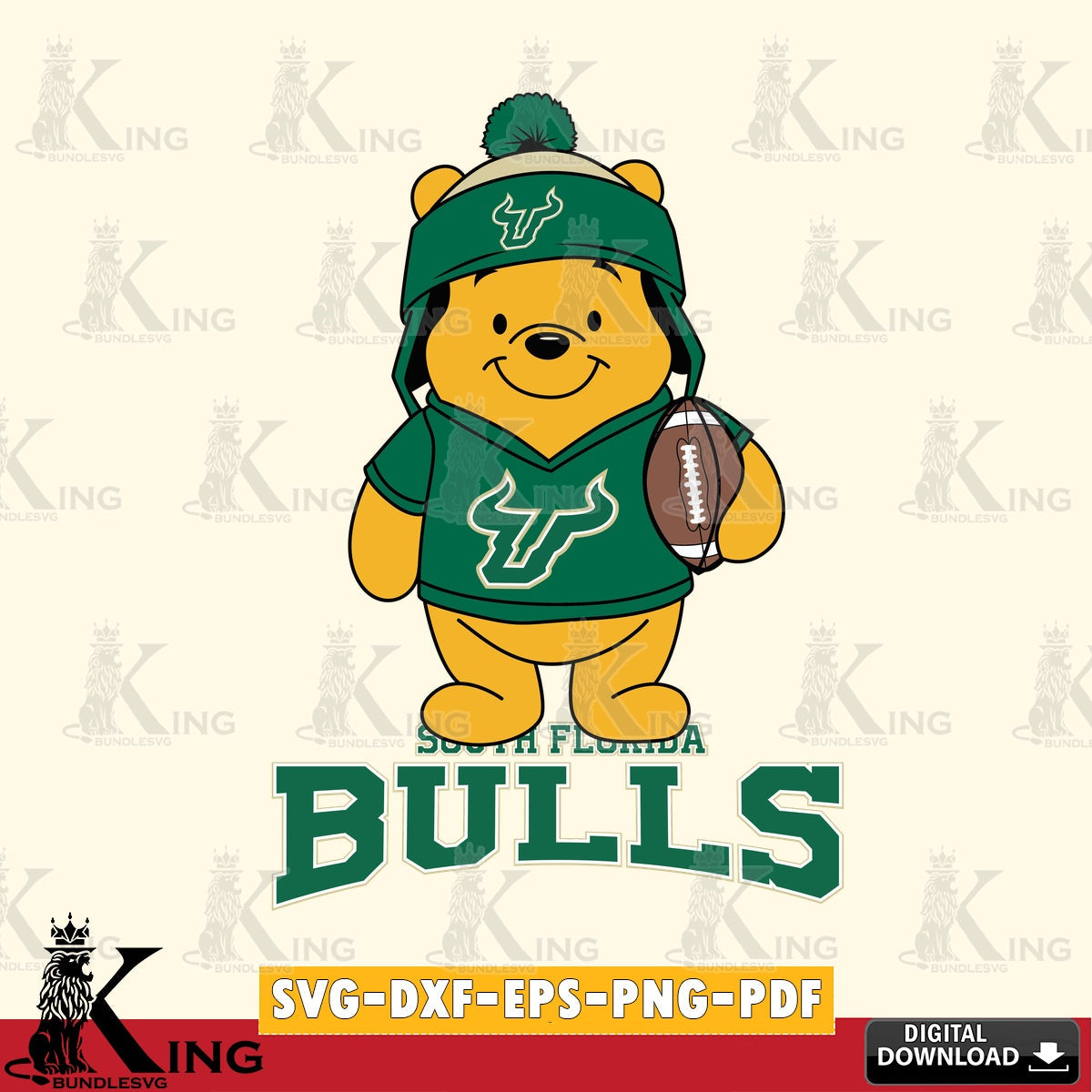 Hand-drawn style art of South Florida Bulls Winnie the Pooh player in football, a digital download for Cricut Maker and paper