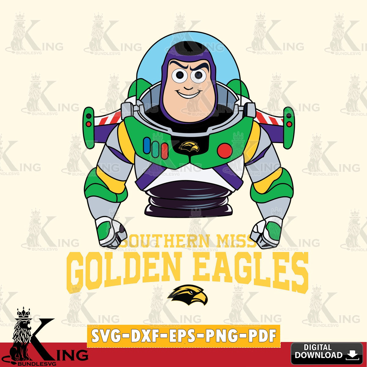 High-quality graphic of Southern Miss Golden Eagles Buzz Lightyear Football, SVG cut file for personalized gifts and laser