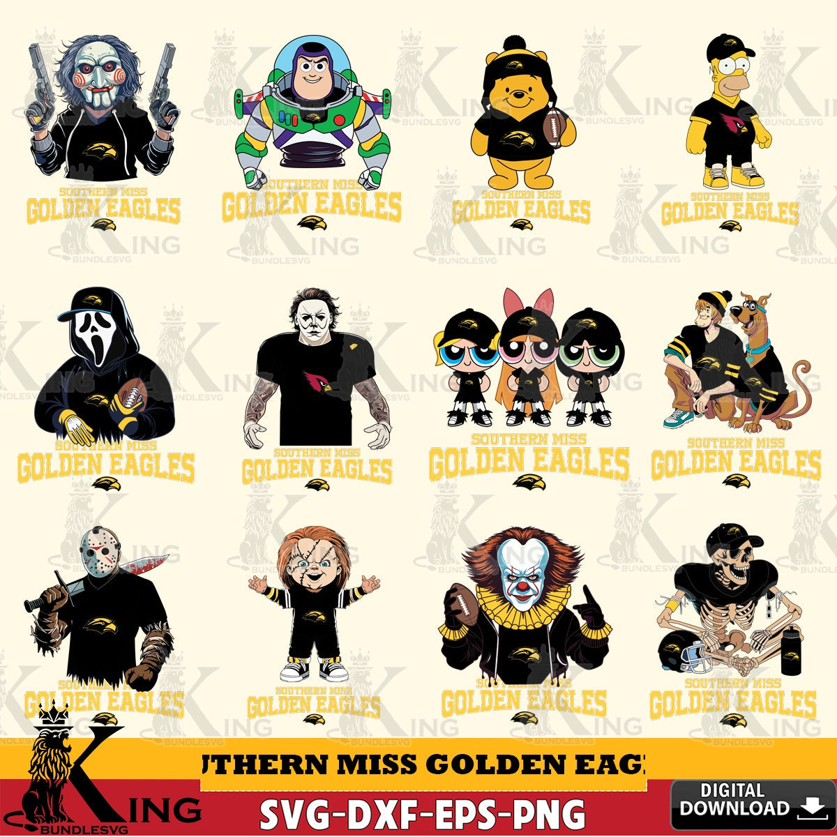 Giant set featuring Southern Miss Golden Eagles cartoon football NCAA bundle, SVG PNG files perfect for Cricut and Silhouette